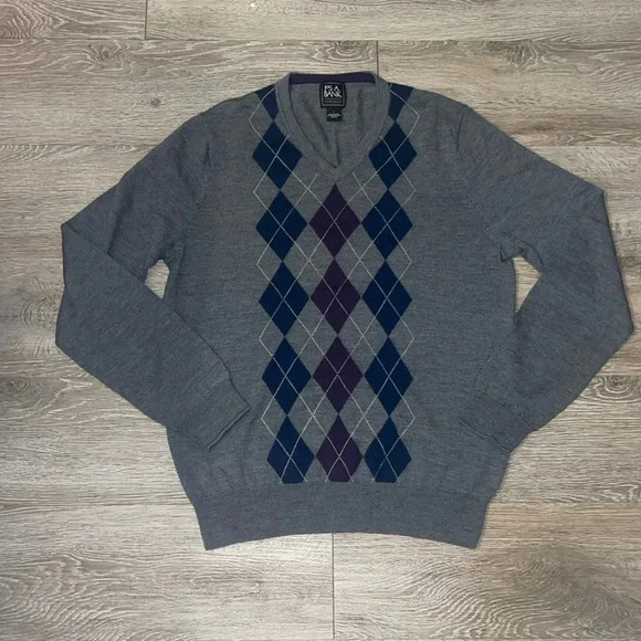 Jos A Bank Sweater Mens Large Gray navy Wool Argyle V-Neck Preppy Academia Knit - Picture 1 of 8